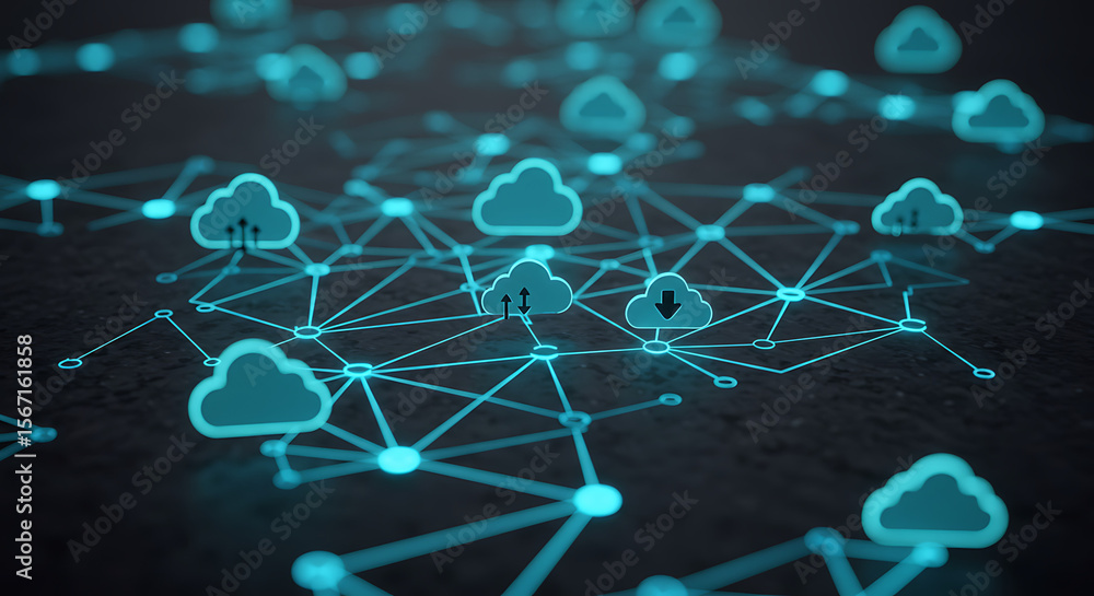Poster digital cloud connectivity: a network of digital clouds interconnected, illustrating the seamless fl