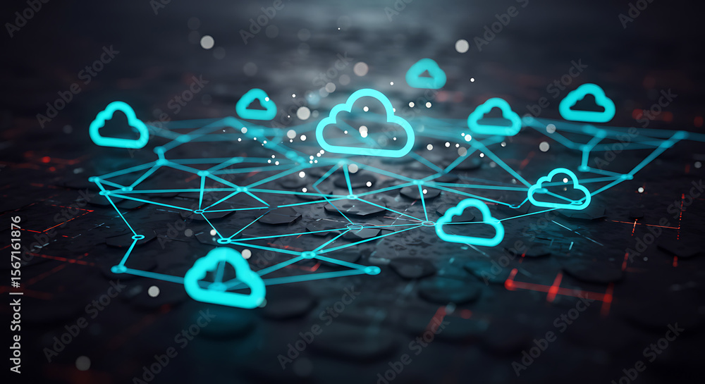 Poster cloud network connection: an evocative visualization of a cloud network, depicted with interconnecte