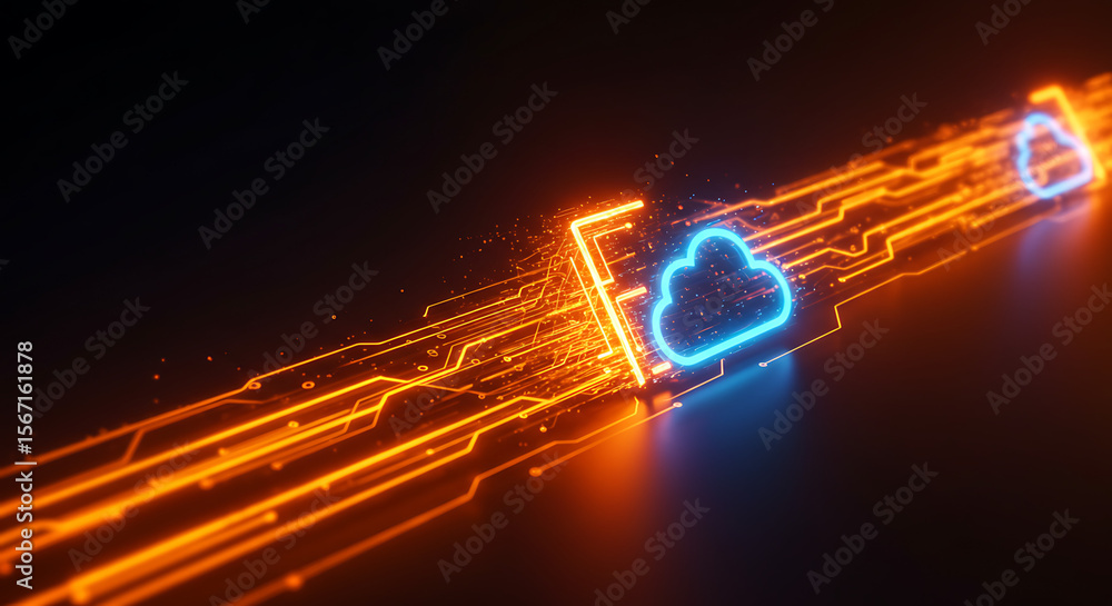 Poster digital cloud data flow: a visually striking depiction of data transfer, where illuminated circuits 