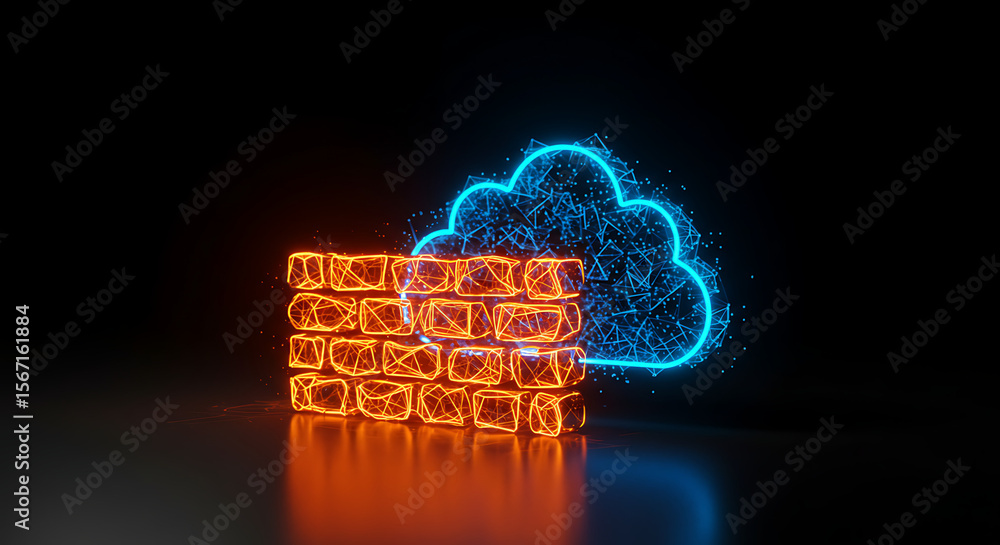 Poster cloud firewall: a glowing neon firewall protects a cloud data with digital security and advanced tec