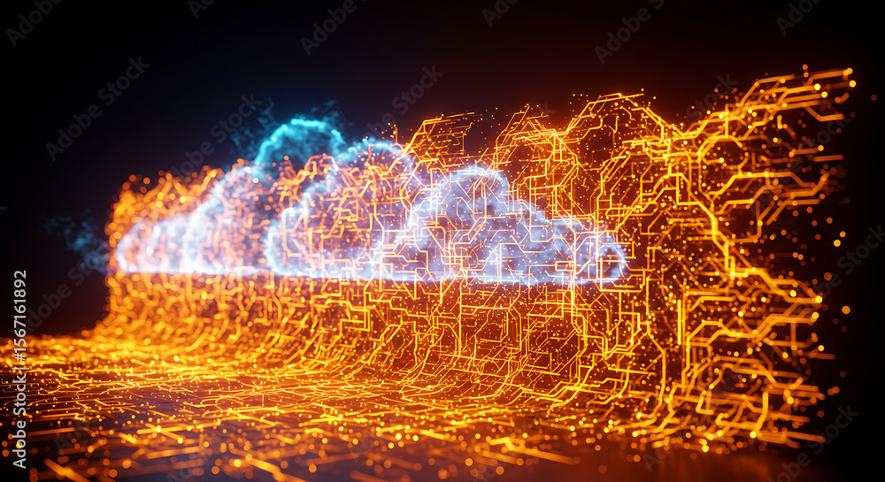 Poster data cloud formation: abstract cloud computing data visualization, a luminous digital illustration s