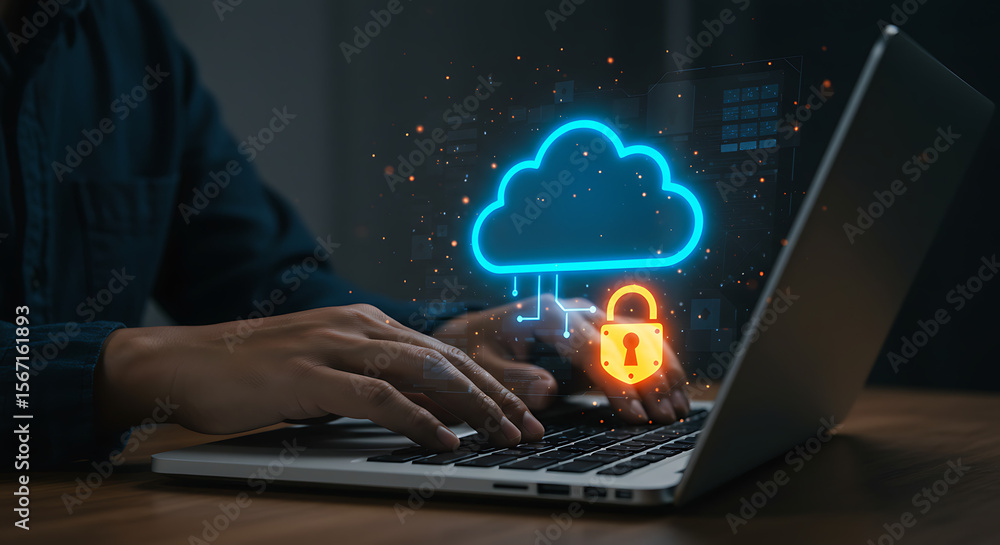 Poster cloud computing & data protection: a focused individual engages in cloud computing on a sleek laptop