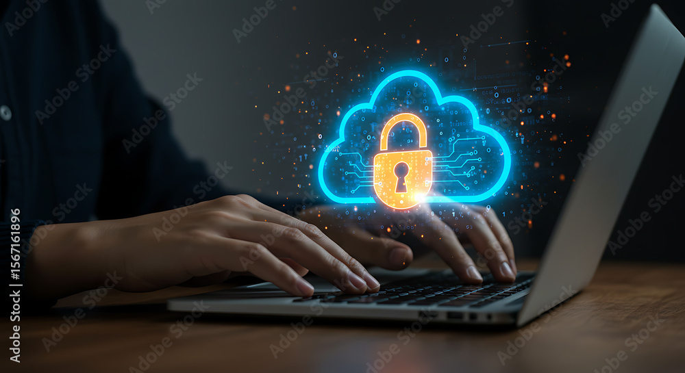 Poster cloud security and digital privacy: an individual uses a laptop, focusing on a glowing cloud icon ov
