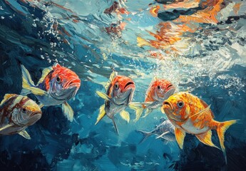 Shoal of vibrant fish swimming gracefully in crystal-clear water