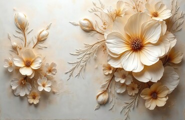 Realistic flowers arrangement background in soft neutral colors. Delicate white petals, textured details. Artistic floral design, decor, wedding, greeting cards, invitations. Summer spring seasons,