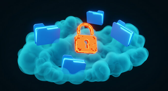 Cloud Data Security: Secure cloud storage concept featuring folders and a padlock, symbolizing data protection and privacy in the digital age. 