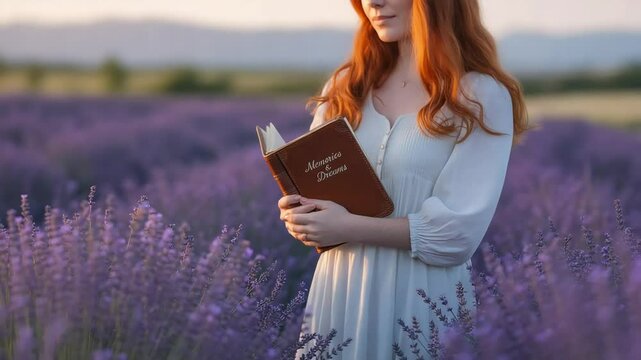 A tranquil person embraces quiet reflection with a journal in a beautiful field of purple blooms.