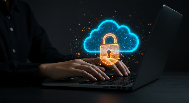 Cloud Security: A close-up shot captures a person diligently working on a laptop, a holographic cloud with a secure padlock floating above.