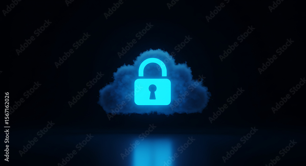 Poster secure cloud data: a glowing blue padlock icon nestled within a stylized cloud, symbolizing the secu
