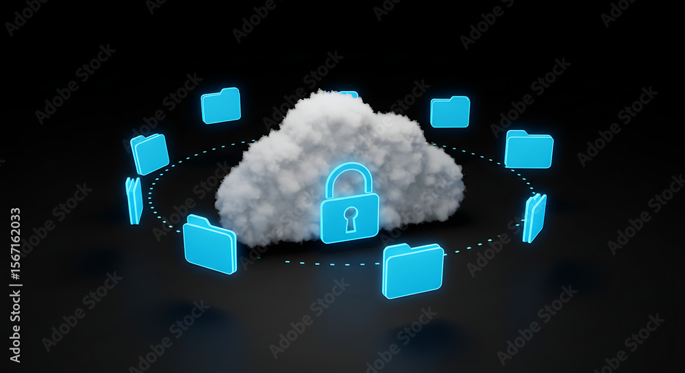 Poster cloud security: digital cloud data security and protection represented by a cloud with a lock symbol