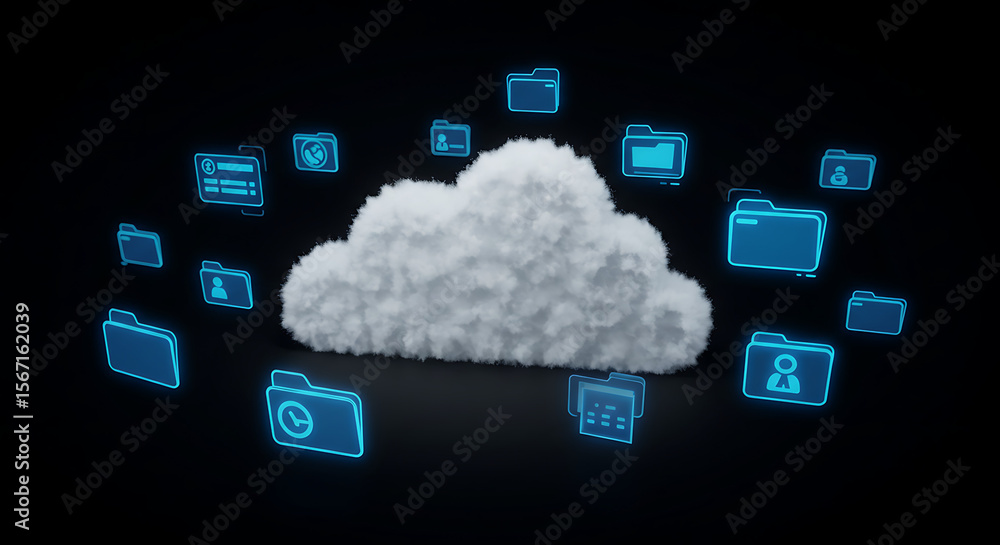 Poster cloud storage: a vibrant image of cloud storage, with files floating around a fluffy, 3d cloud, symb