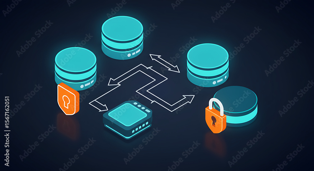 Poster cybersecurity: digital data flow, protecting digital information and ensuring secure transactions.