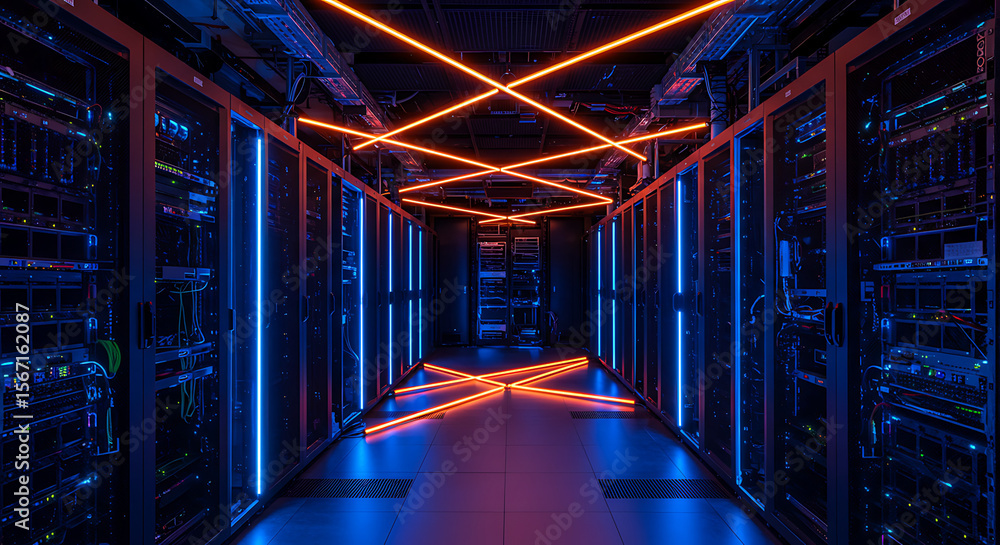 Poster digital nexus: a cutting-edge server room glows with neon light, symbolizing data flow and digital c