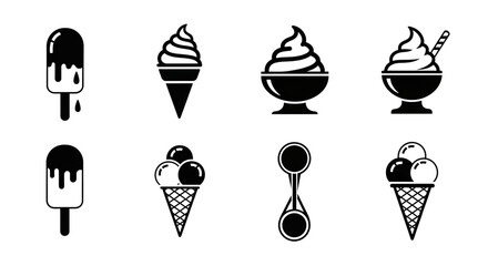 Ice cream desserts vector black and white icons set