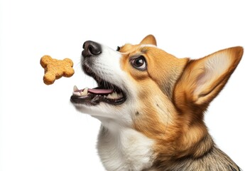 Studio shot of Welsh corgi Pembroke catching a treat. The dog is isolated on a white background. Funny dog face