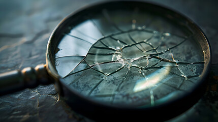 A close up of a broken magnifying glass with a wooden handle on a textured dark surface showing cracks