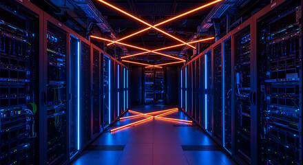 Digital Nexus: A cutting-edge server room glows with neon light, symbolizing data flow and digital connection within a technologically advanced environment.