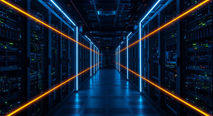Fototapeta premium Data Center: Capturing a futuristic perspective, an illuminated walkway leads the viewer deep into the heart of a modern data center.