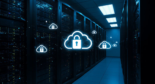 Cyber Fortress: A captivating visual that showcases a secure digital landscape, featuring glowing cloud icons with padlocks set against a server room background.