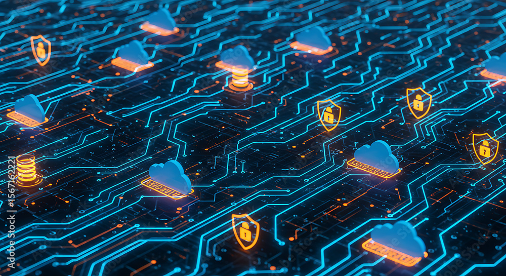Poster cloud computing security: abstract illustration showcasing the intricate landscape of secure digital