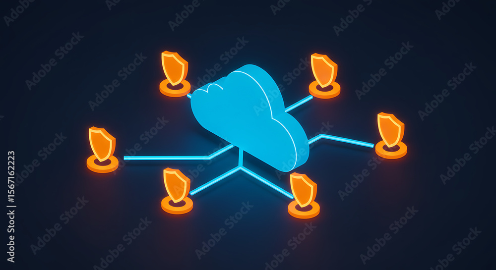 Poster cloud security in cyber space: a dynamic and abstract image showcases a centralized cloud interconne