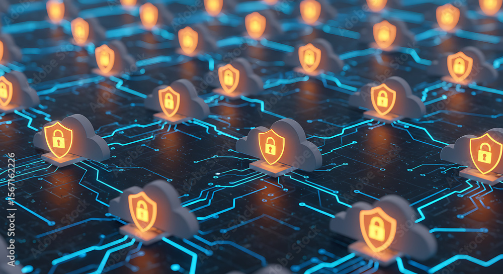 Poster cloud data security: a network of illuminated cloud icons, each with a shield and lock symbol, inter