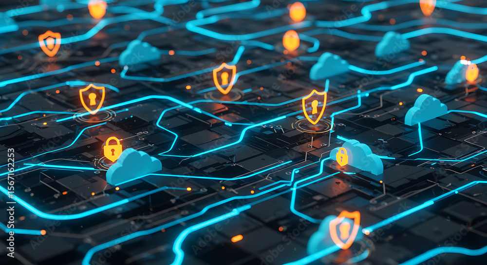 Aufkleber cybersecurity in digital: illustrating the future of data protection with a circuit board, showcasin