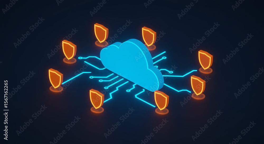 Poster cloud security network: illustration depicting secure cloud network with shield icon connections, re