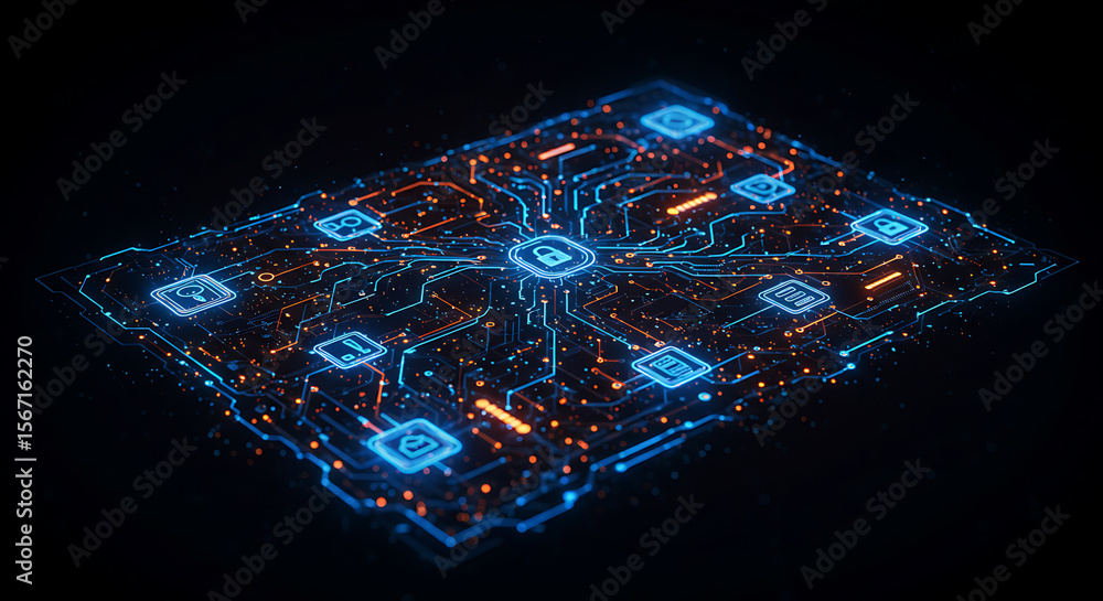 Aufkleber digital fortress: a mesmerizing visualization of a motherboard, showcasing intricate circuitry in a 
