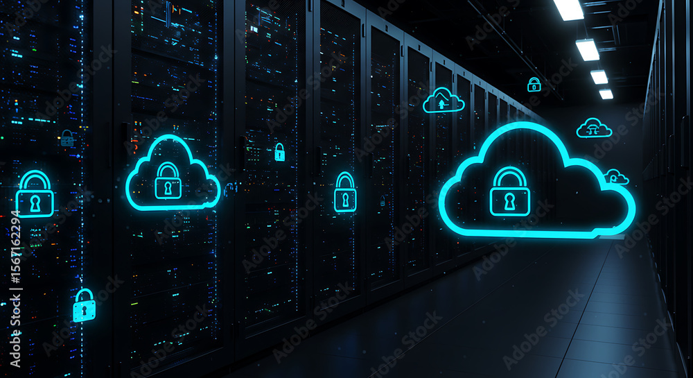 Poster digital fortress: a cutting-edge data center pulsates with technological innovation, symbolizing the