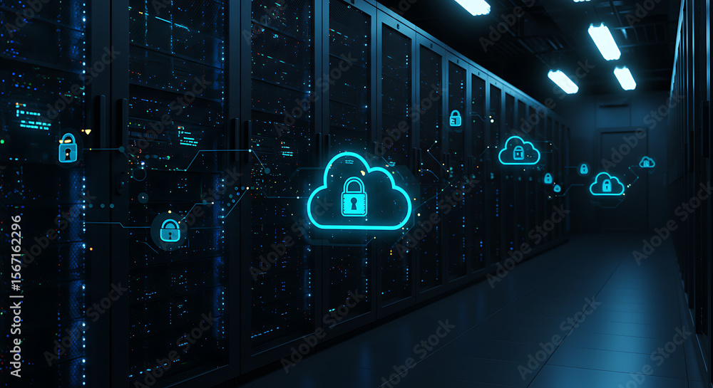 Poster cyber sanctuary: a striking visualization of a server room, with secure cloud computing icons, showc