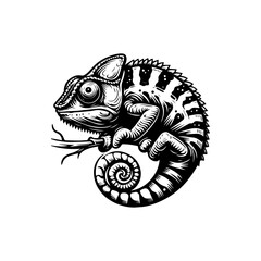 Detailed black and white illustration of a chameleon perched on a branch.