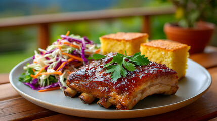 Overhead shot of a plate of sticky BBQ ribs glazed with rich barbecue sauce, served with coleslaw and cornbread, blurred backyard picnic table