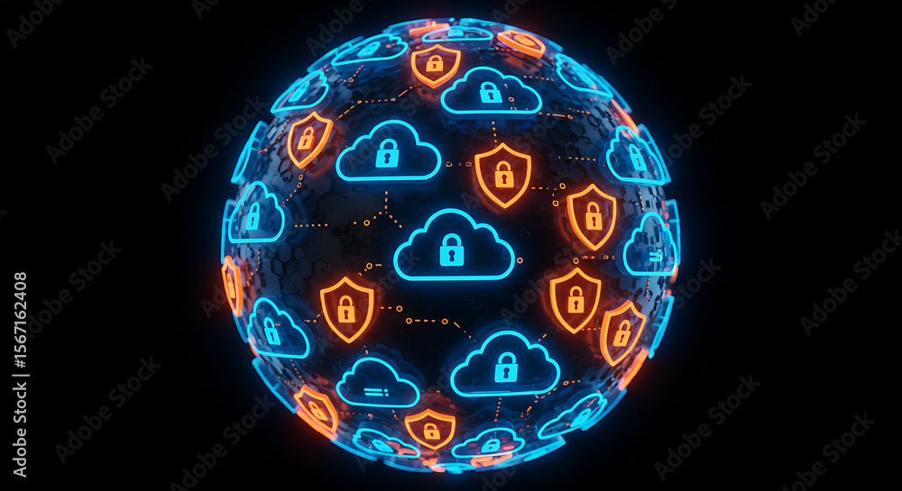 Poster digital sphere of data security: a mesmerizing digital sphere, illuminated with glowing icons of clo