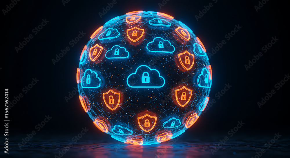 Poster data security sphere: a glowing sphere pulsating with interconnected icons of data protection, cloud