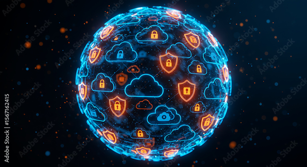 Poster cybersecurity universe: a vibrant and dynamic digital illustration presents a secure global network 