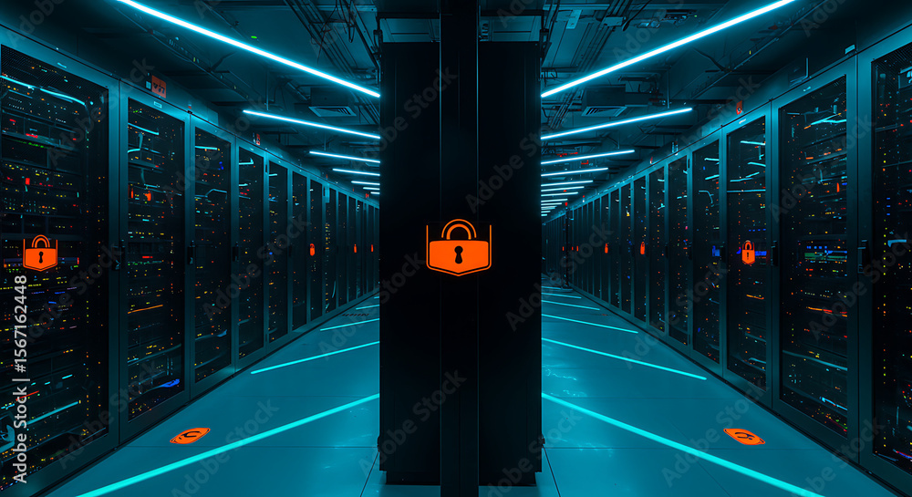 Poster secure data center: a high-tech data center, bathed in cool blue light, with rows of servers housing