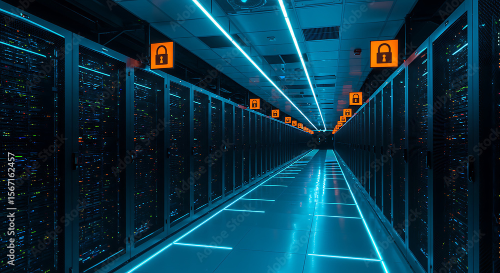 Poster data center security: a long hallway within a state-of-the-art data center, illuminated by a network