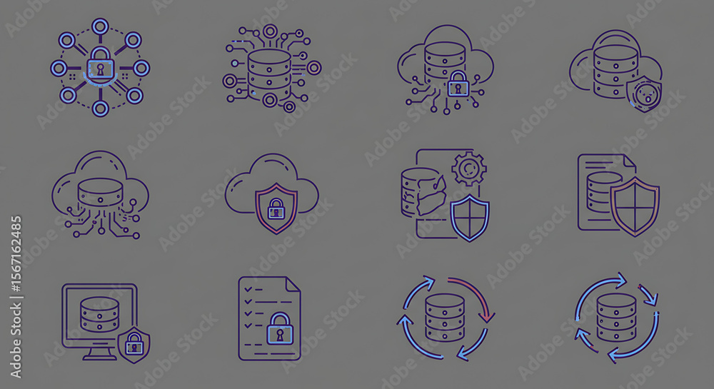 Poster data protection icons: a set of minimalist icons depicting data security, cloud storage, and databas