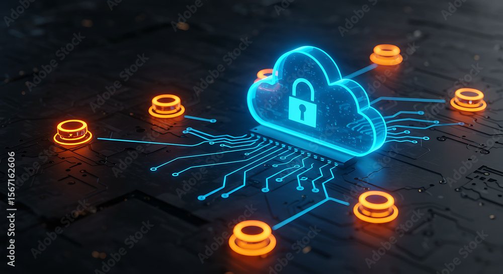 Poster secure cloud data: a neon-lit cloud icon with a padlock hovers over a circuit board, representing se