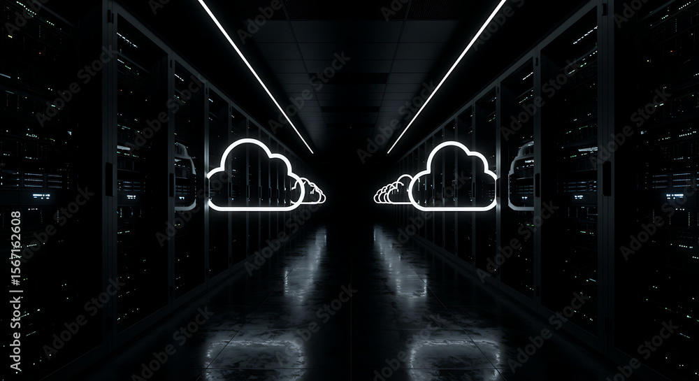 Poster digital clouds in server room: a futuristic server room visualization featuring luminous cloud icons