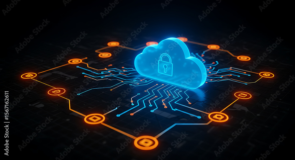 Poster cloud security: a captivating digital rendering unveils the core of cloud security, showcasing an il