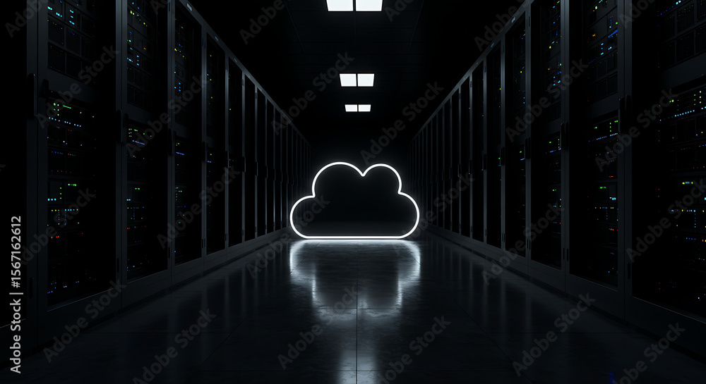 Poster cloud data center: a luminous cloud silhouette glows at the end of a dark, high-tech data center cor