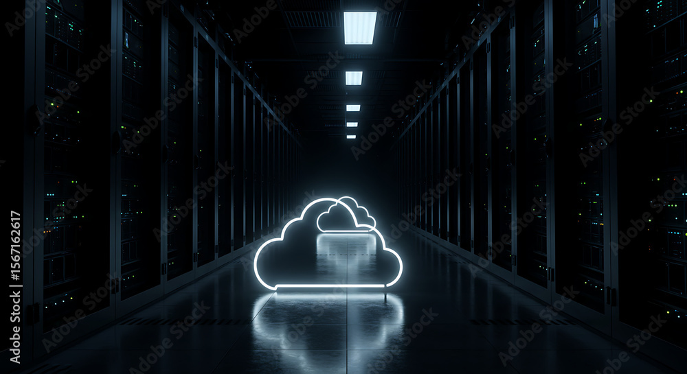 Poster server room cloud: a neon cloud hovers in a server room, illuminated storage for data and informatio