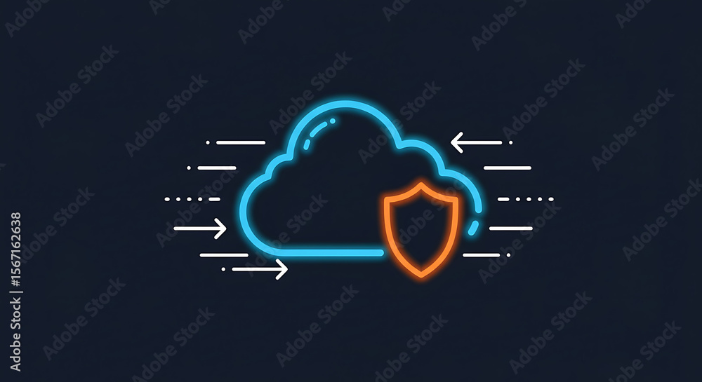 Poster cloud security: a neon cloud with a shield represents the protection of data in cloud computing, con