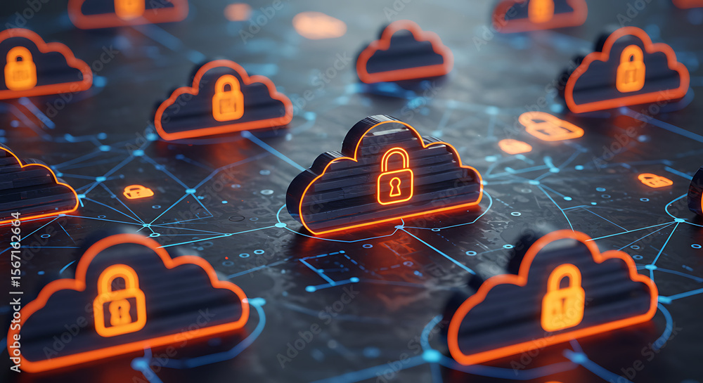Poster cloud security: a visual representation of digital security, with numerous cloud-shaped icons adorne