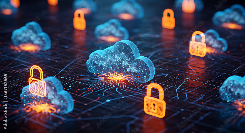 Poster cloud data security: an artistic depiction of digital cloud technology enhanced by bright lights and