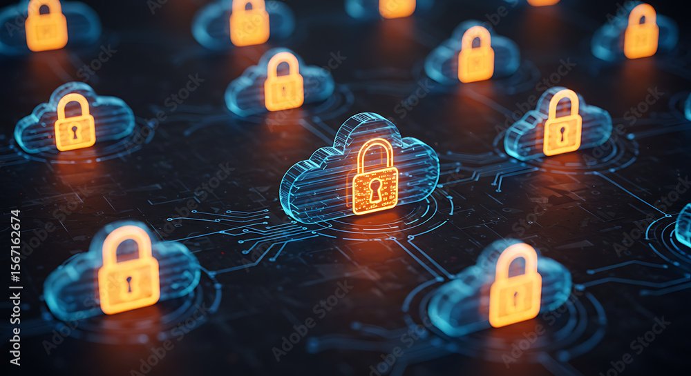 Poster secure digital realms: illustrating a cloud network secured by lock icons, symbolizing data protecti