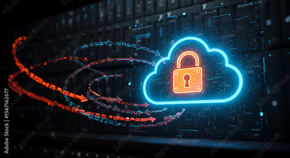 Poster digital fortress: an abstract visualization of secure cloud computing, where a digital cloud symbol 