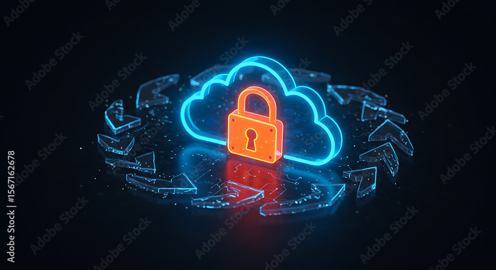 Poster cloud security concept: a glowing padlock within a cloud symbol surrounded by a rotating arrows, sym